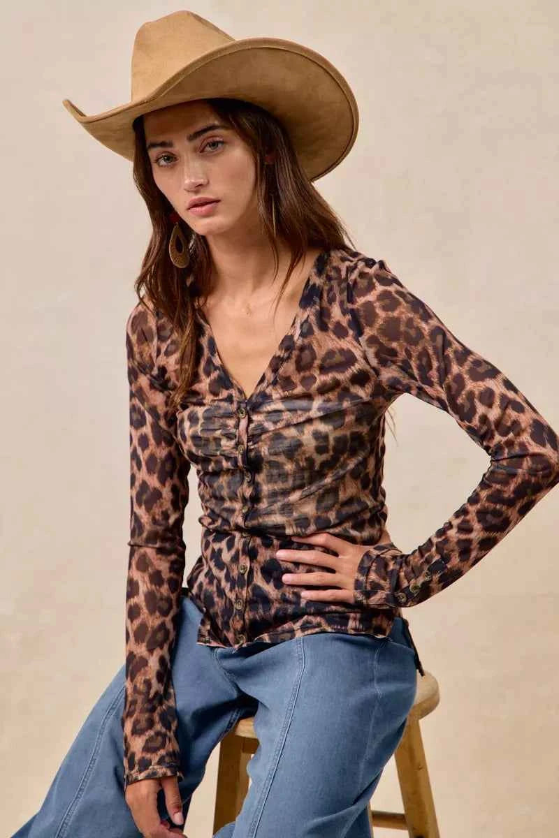 BiBi Leopard Printed Mesh Shirt With Button Up V Neck 78f09ac0f5af442fafadfd5ceeaafd4c-Max-Origin