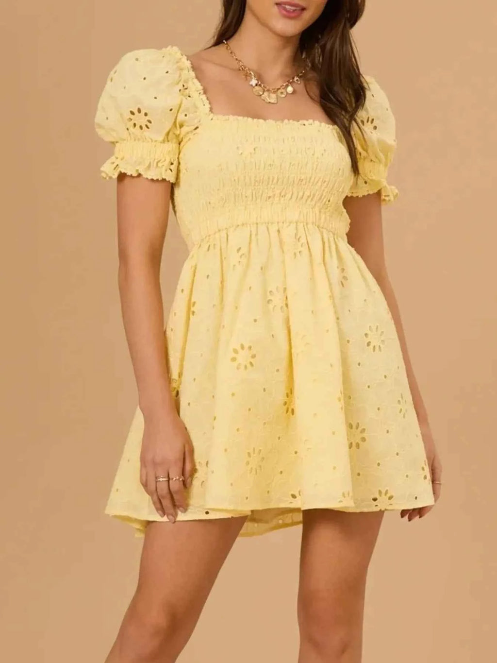 Eyelet Puff Sleeve Smocked Mini Dress 78f27189-33b3-43c3-9daa-a446403d1d1f-Max-Origin
