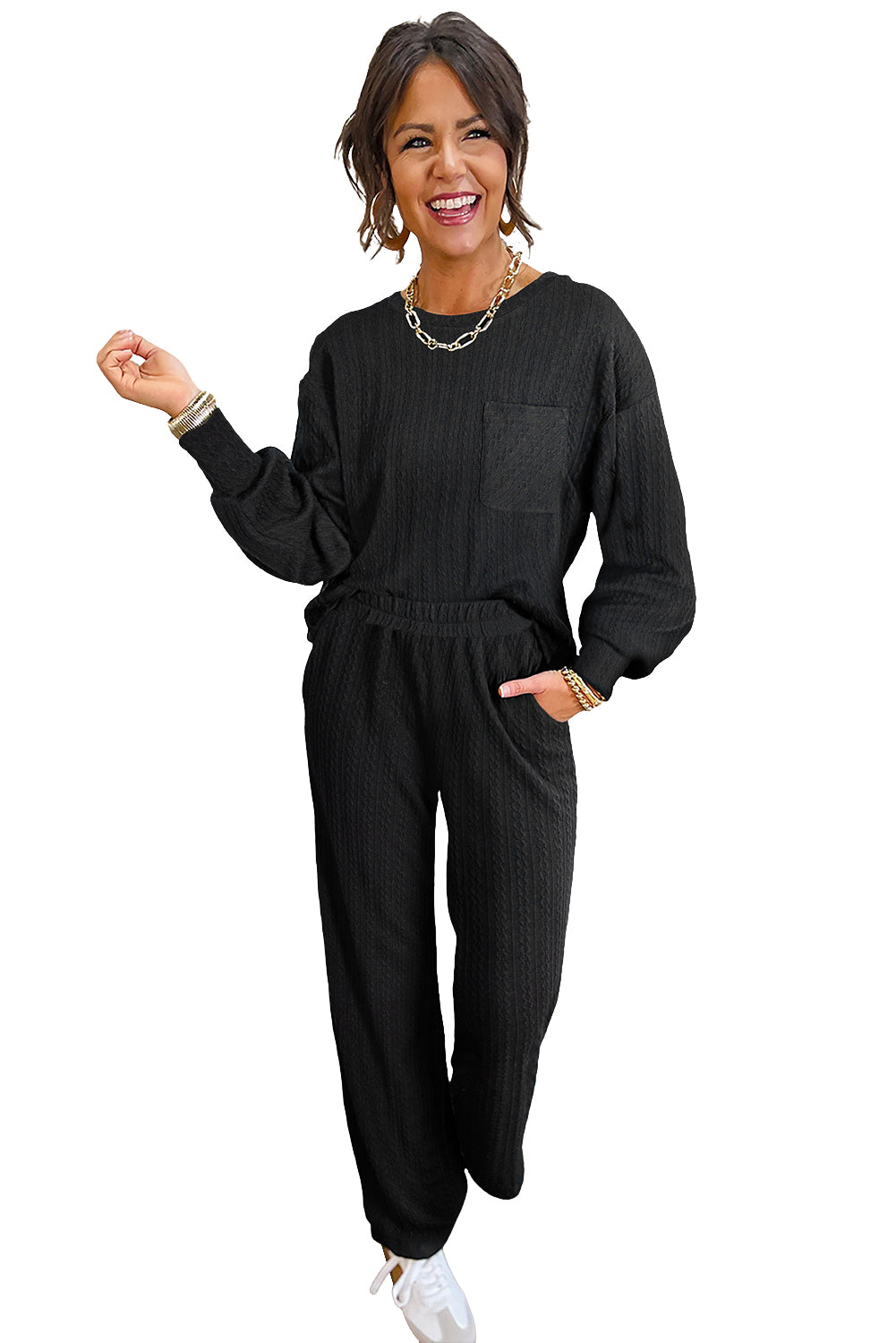 Black Textured Chest Pocket Drop Sleeve Top and Pants Set 78f916fba5239795