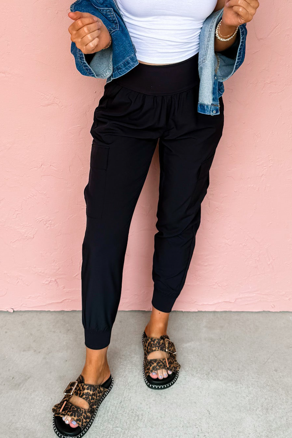 Black Elastic High Waist Pocketed Cargo Jogger Pants 7901373ea0234a57