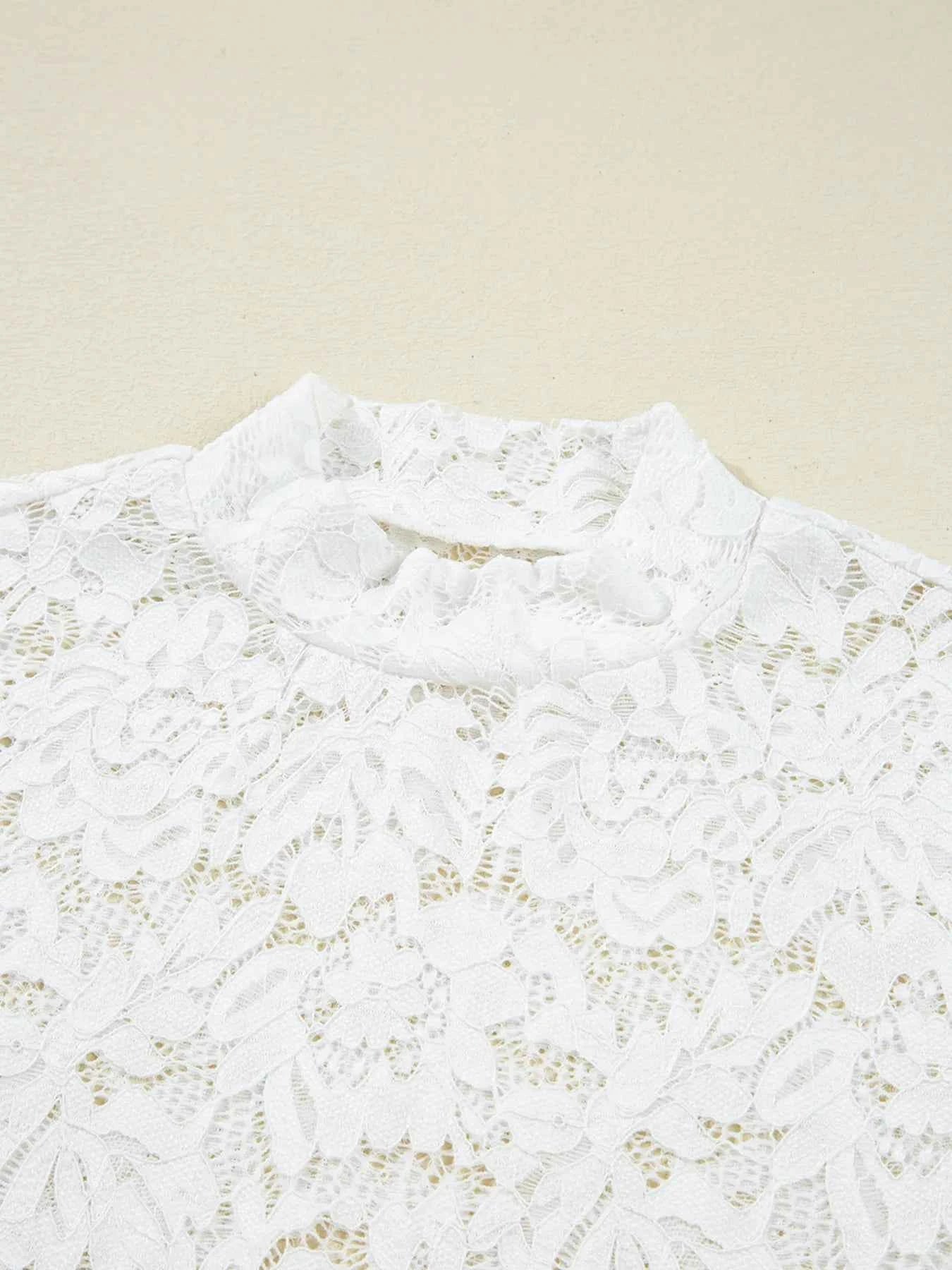 Lace Crochet Bell Sleeve Mock Neck Blouse 7906369bf96444b185ca582cca370cae-Max-Origin