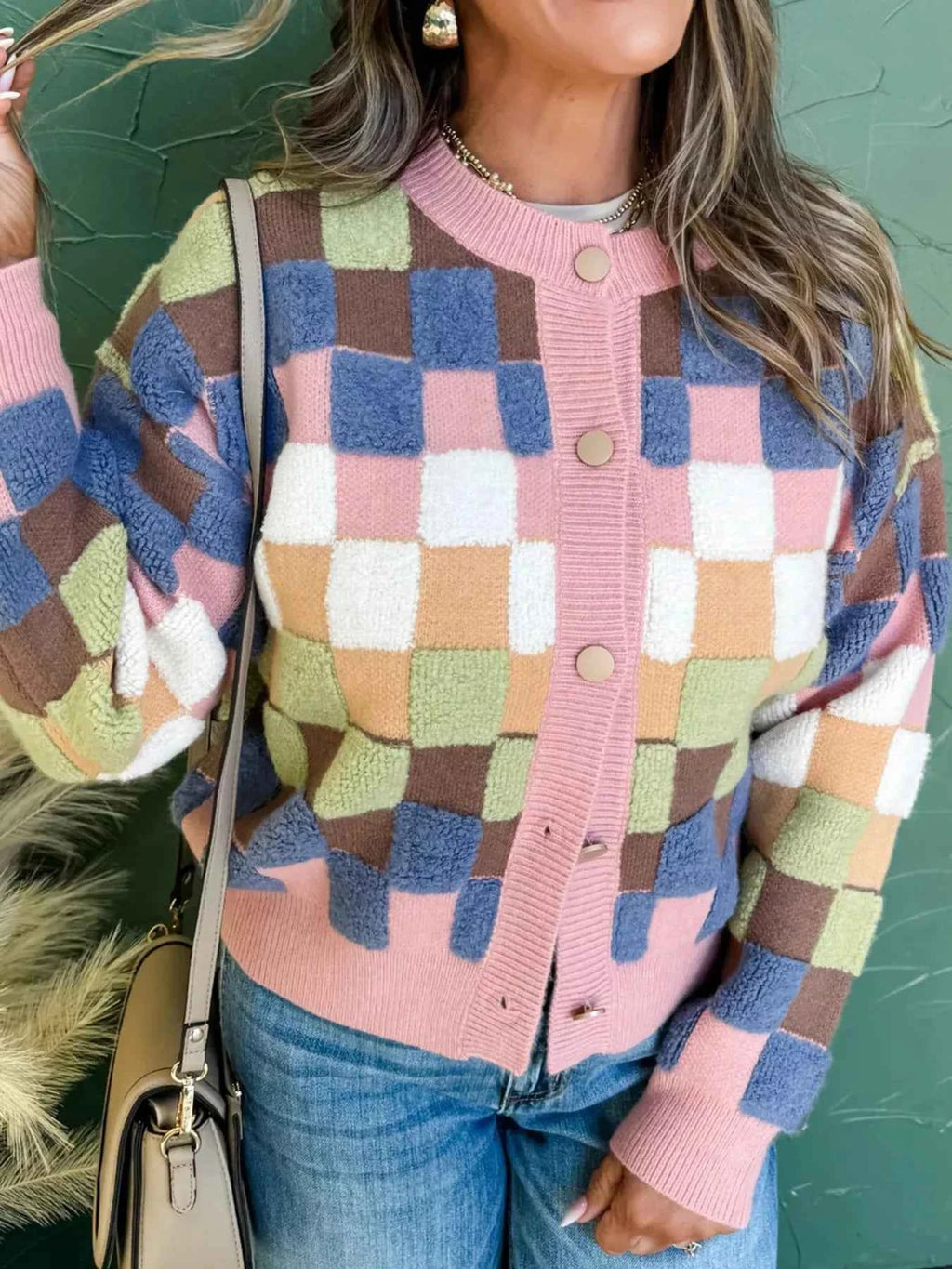 Checkered Pattern Button Front Cardigan Plaid 791ac9f3eeaa4090a77f1e62d86e2659-Max-Origin