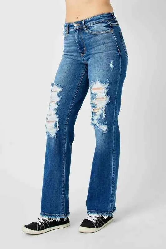 Judy Blue Full Size Mid Rise Distressed Raw Hem Jeans 792ae522-a48a-4152-907a-7a85ca906013-Max
