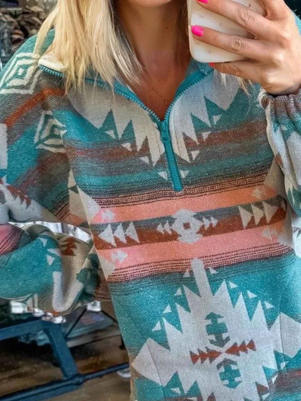 Quarter Zip Elastic Cuffs Aztec Sweatshirt 793bc186-2a90-400a-9342-98e19bf2d697-Max-Origin