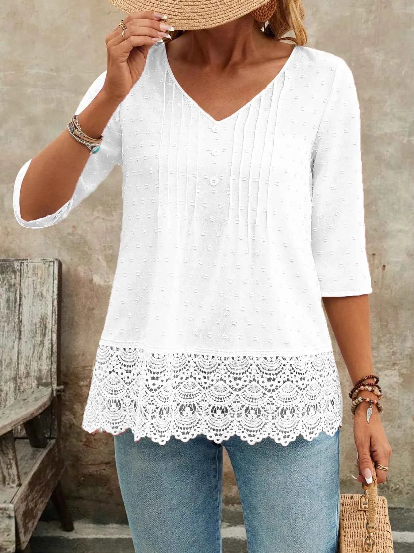 Lace Hem V-Neck Blouse 79474e675ec74835986f6c1aed6ea33e-Max-Origin