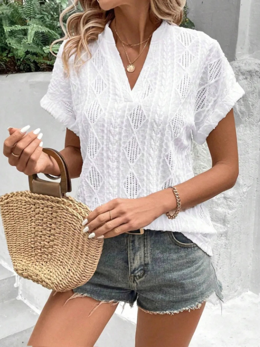 Openwork Notched Short Sleeve Blouse 795563e5-65e8-4acd-a721-fd69095878e3-Max