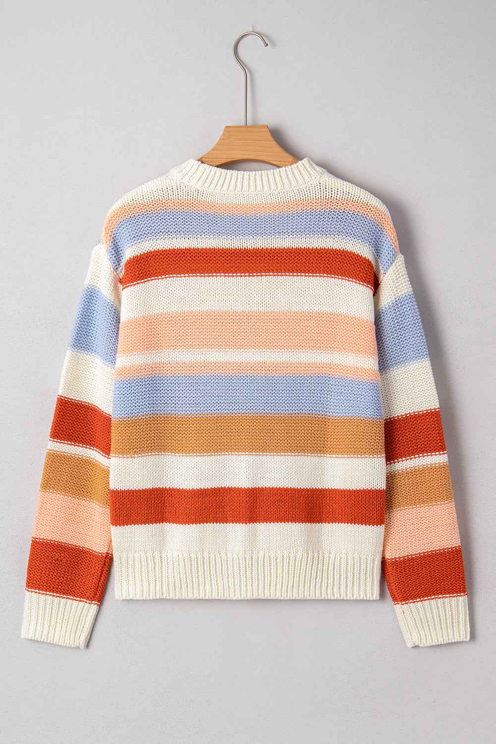 Pink Striped Colorblock Round Neck Drop Shoulder Sweater 79567cf1e7755e04