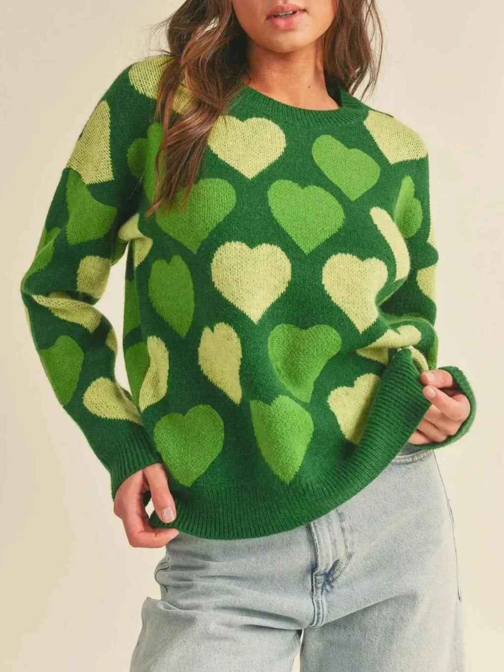 Heart Ribbed Hem Long Sleeve Sweater Green 7967177f-c738-44da-8dde-880e981de5d7-Max-Origin