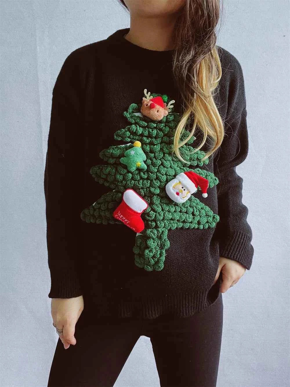 Christmas Tree Round Neck Long Sleeve Sweater Black One Size 796e76eb-1ca5-4bae-988c-de8b47dc1250-Max