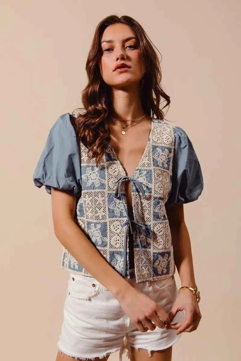 SO ME Crochet Lace Tie Front V Neck Blouse Top DENIM BLUE 796f9122493d45218d41ea5fd9080c12-Max-Origin