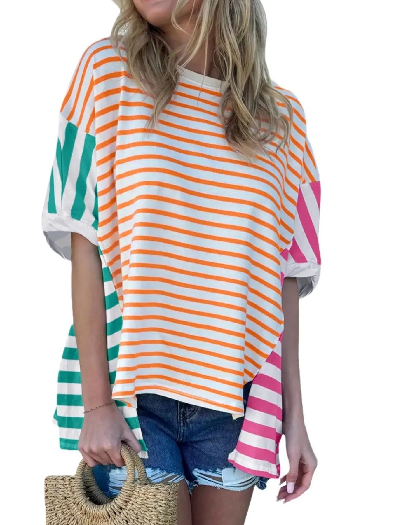 Colorful Striped Oversized T-Shirt Orange 797572ff-a005-493f-b49d-55ae7bc015e2-Max-Origin