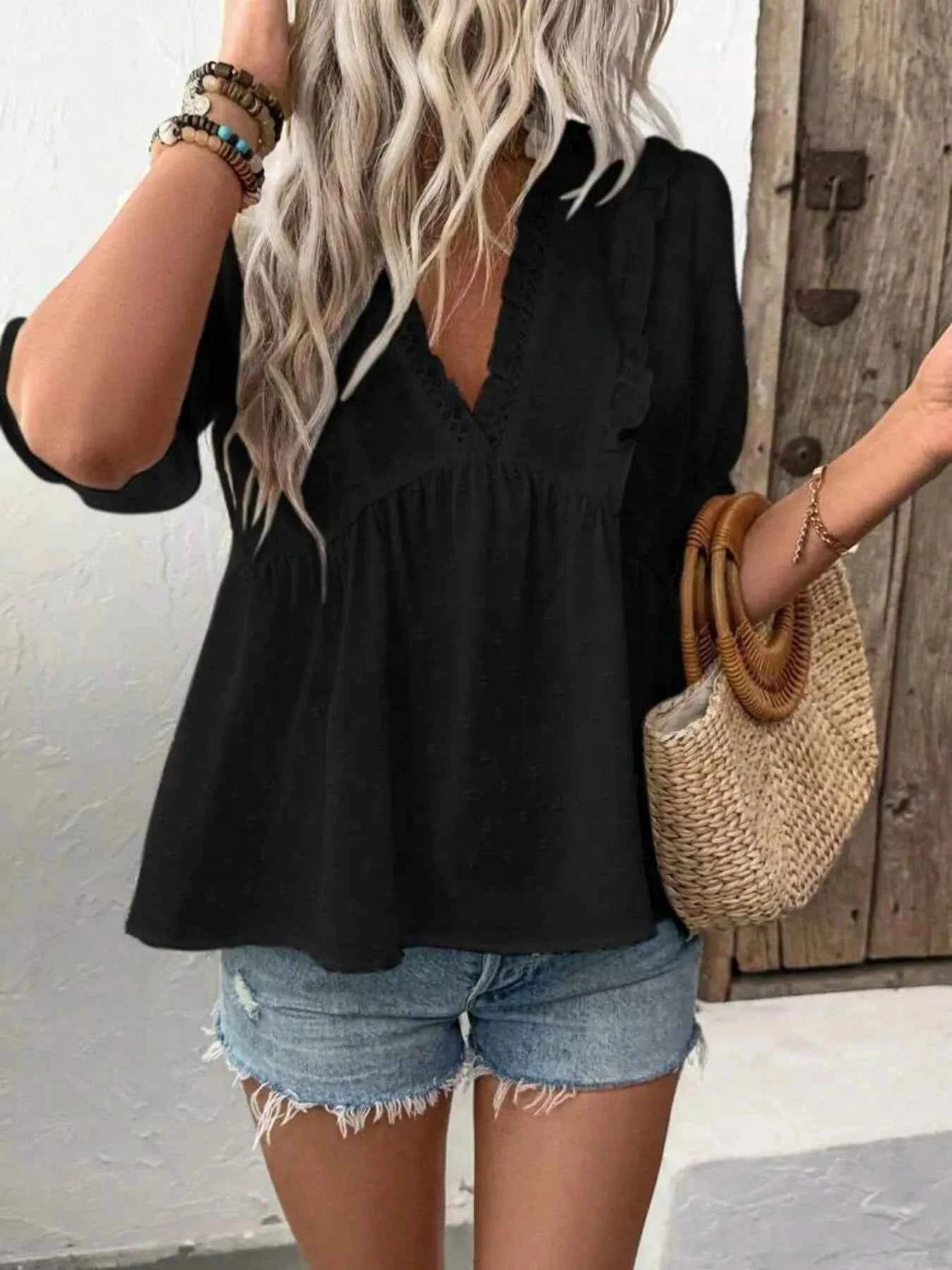 Swiss Dot Ruffled V-Neck Blouse with Flounce Sleeves 797eb9a316e1419a8a12183fa6337be6-Max-Origin