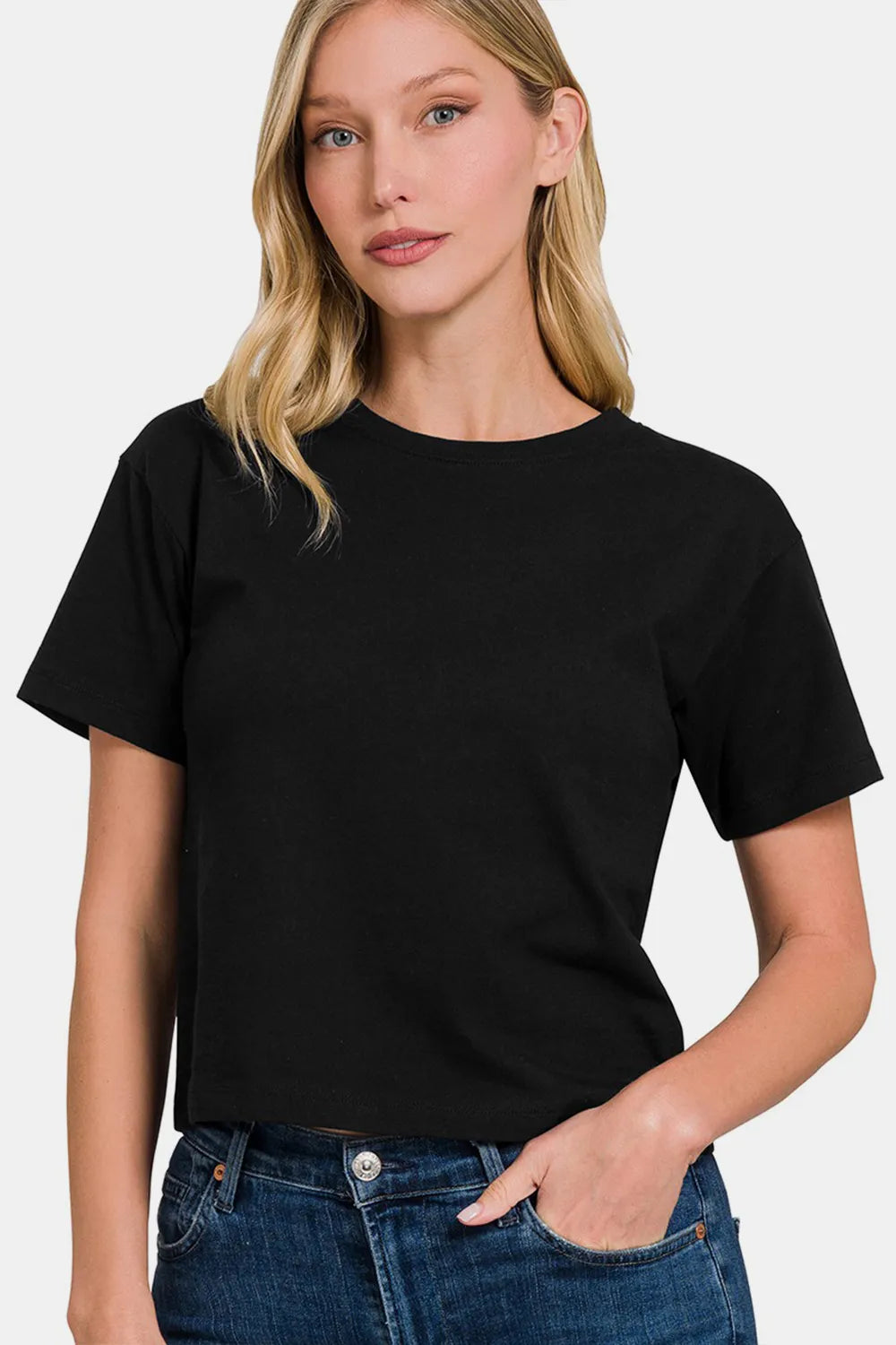 Zenana Round Neck Short Sleeve Cropped T-Shirt Black 798b2414-5a50-4028-a97f-d9ce4651cc2c-Max
