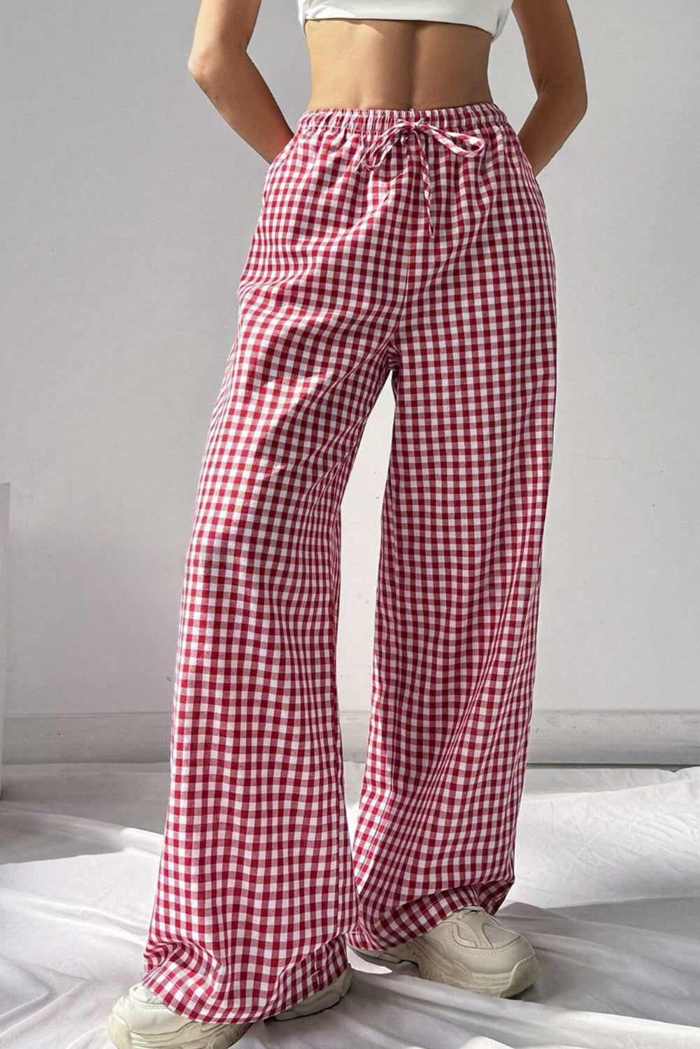 Red Plaid Knot Waist Pocket Casual Pants 798c6e00d46c53c4