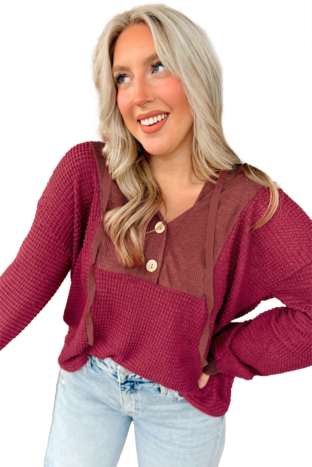 Racing Red Waffle Patchwork Drop Shoulder Hooded Long Sleeve Top 7993641aa63735b1