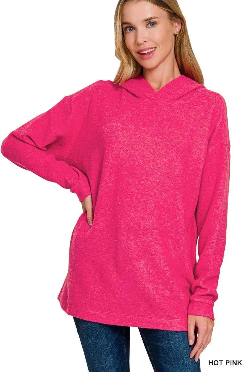 Zenana Hooded Brushed Melange Hacci Sweater HOT PINK 799f317697274c0996e9c56f7b391bbd-Max-Origin
