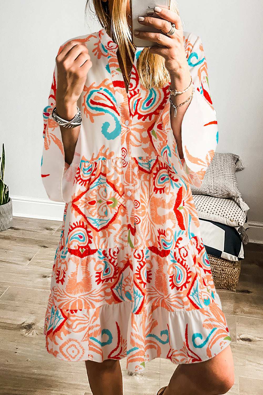 White Ethnic Print Boho Button Tiered Mini Dress 79a749af607d1fd0-_1