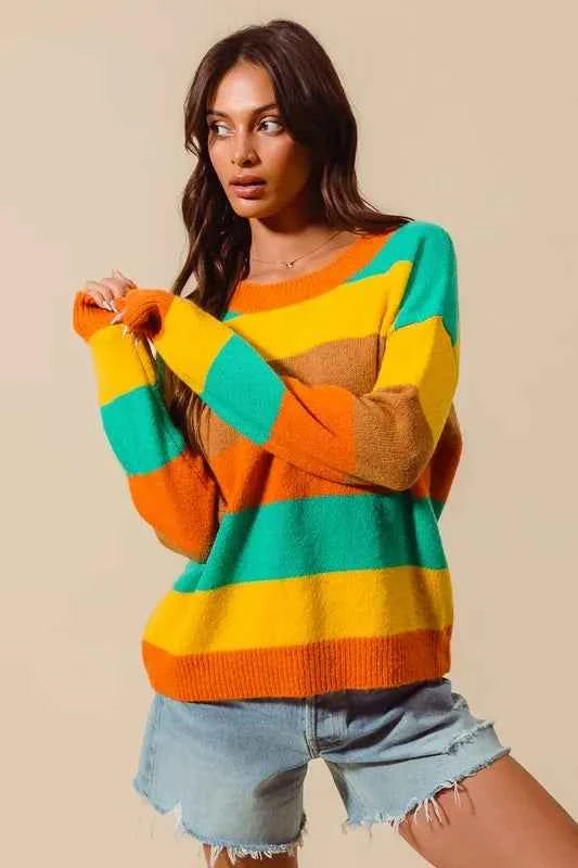 SO ME Multi Color Stripe Sweater with Ribbed Detail 79b659d3138147a5823573ad571b7cde-Max-Origin