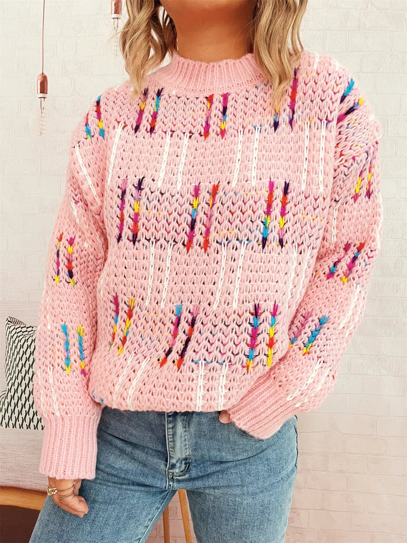 Colorful Round Neck Long Sleeve Sweater 79d7c486d3784d4e9d06d91abcefed89-Max-Origin