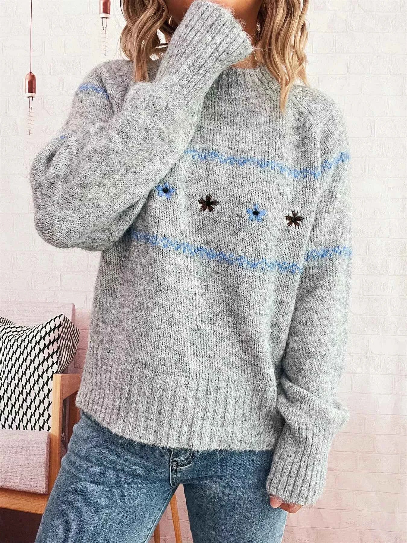 Ribbed Hem Flower Long Sleeve Sweater Light Gray One Size 79db2f8b16e84ffba9b2d87949e5d96d-Max-Origin