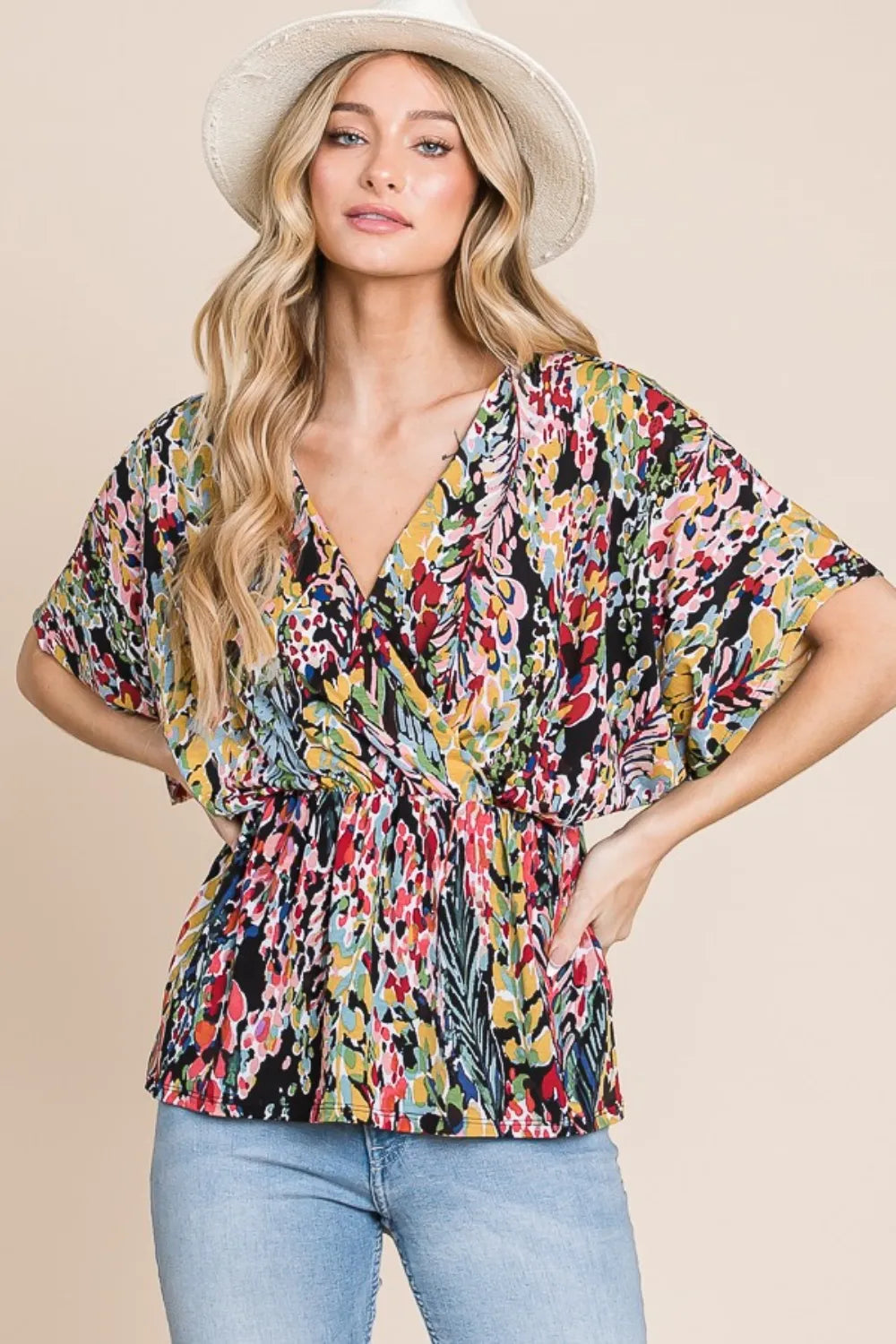 BOMBOM Printed Surplice Peplum Blouse 79df22e2-5ba7-4d6a-a5ed-23f154cd91a5-Max
