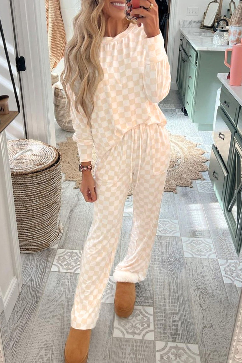 Beige Checkered Print Long Sleeve Loose Fit Pajama Set Beige 79eb8863a8865cac