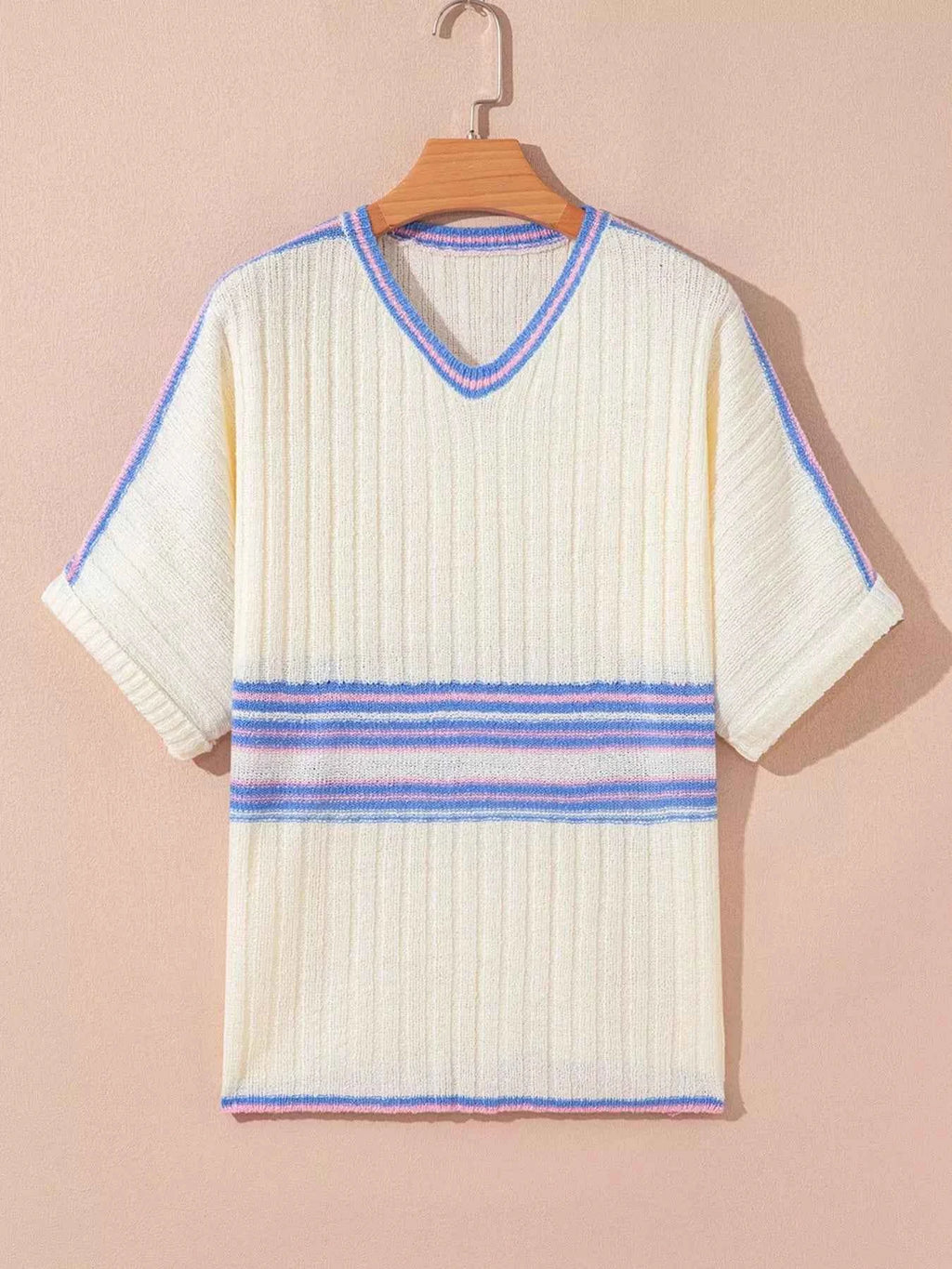 Striped V Neck Dolman Sleeve Rib Knit Oversized Sweater with Slits 79eebd0c-7dfb-4383-b486-5a46d30cba8c-Max-Origin