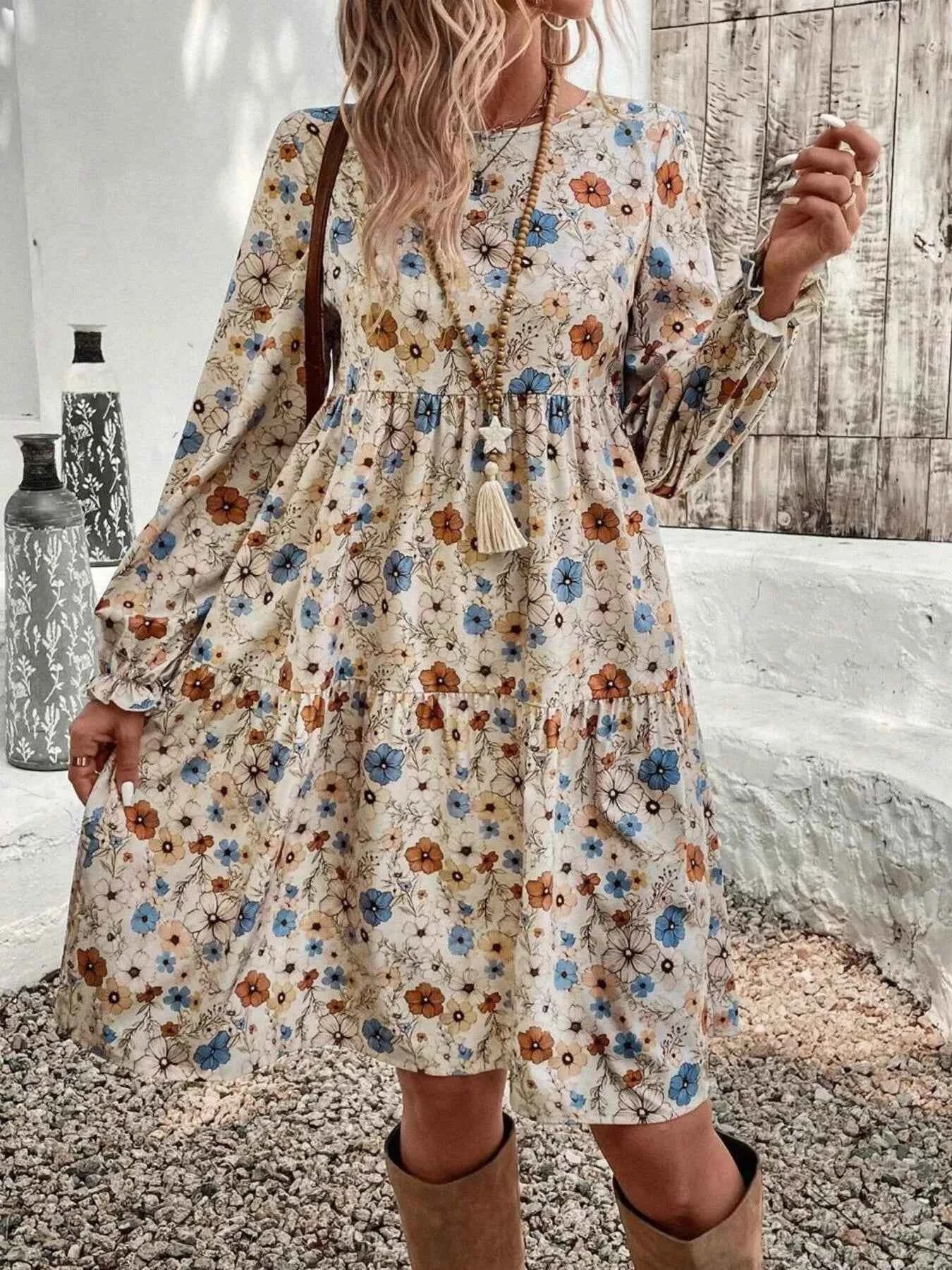 Floral Print Long Sleeve Tiered Dress 79eec913385d48df92ce5e2720bcc1cf-Max-Origin