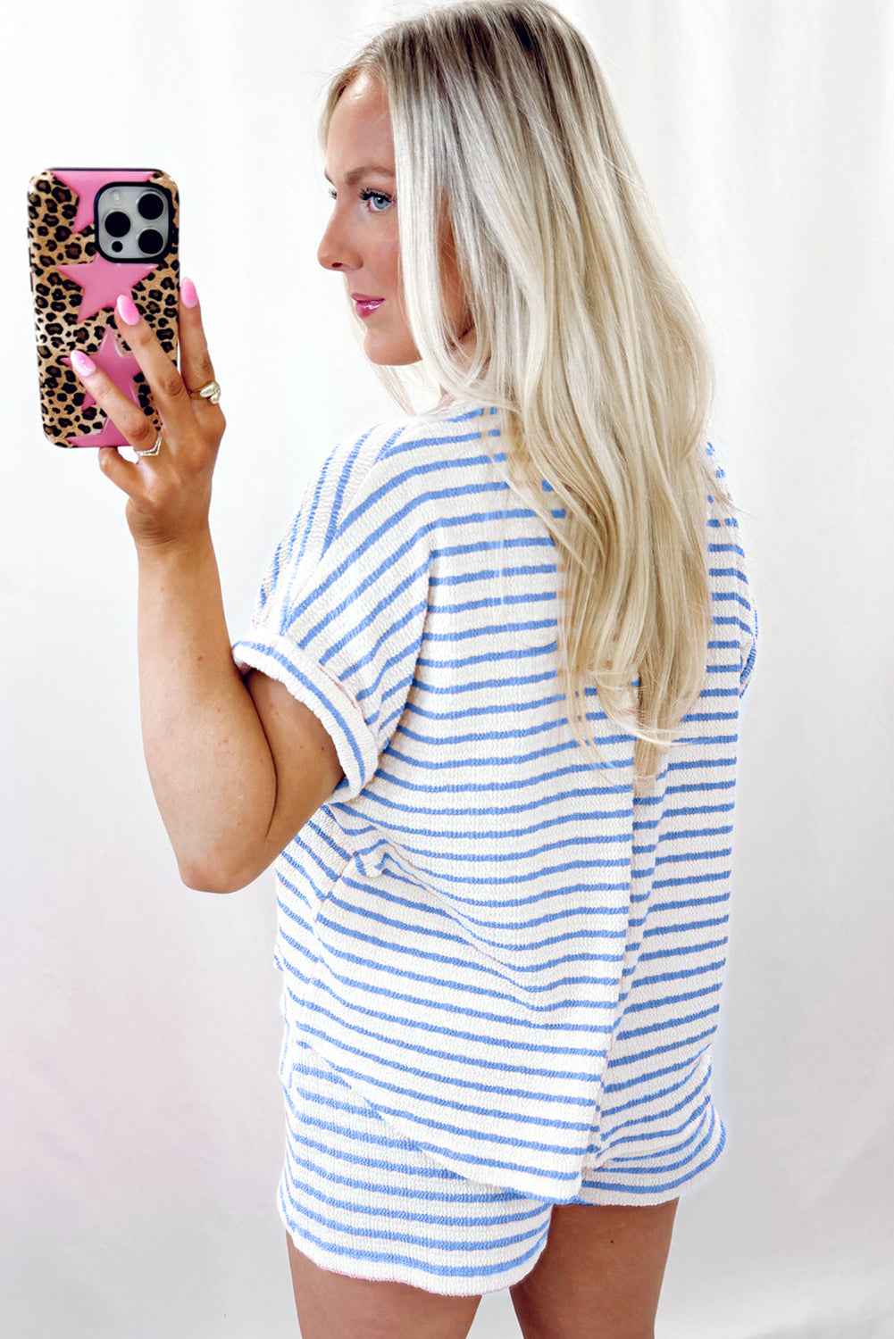 Sky Blue Striped Print Short Sleeve Top and Pocket Shorts Set 79ff20446e075815