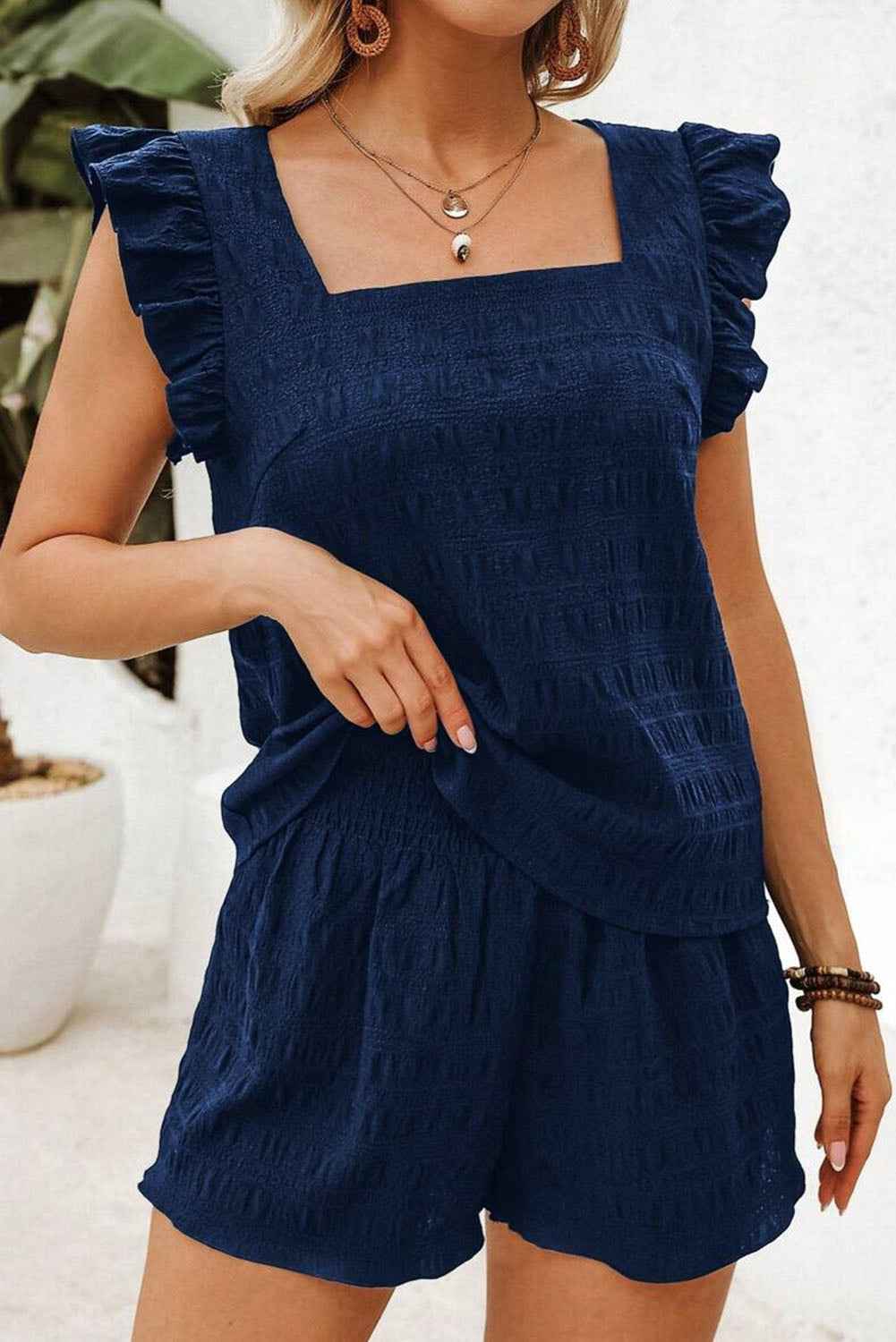 Dirty Blue Textured Ruffle Top and Shirred High Waist Shorts Set 7a00f3358e9b7609