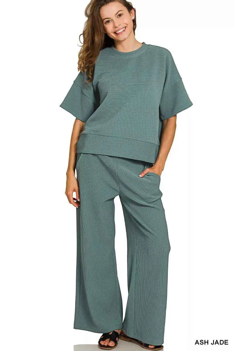 Zenana Ribbed Round Neck Tee & Pants Set ASH JADE 7a2244b1125c4badad7ed9fd43ef95e0-Max-Origin