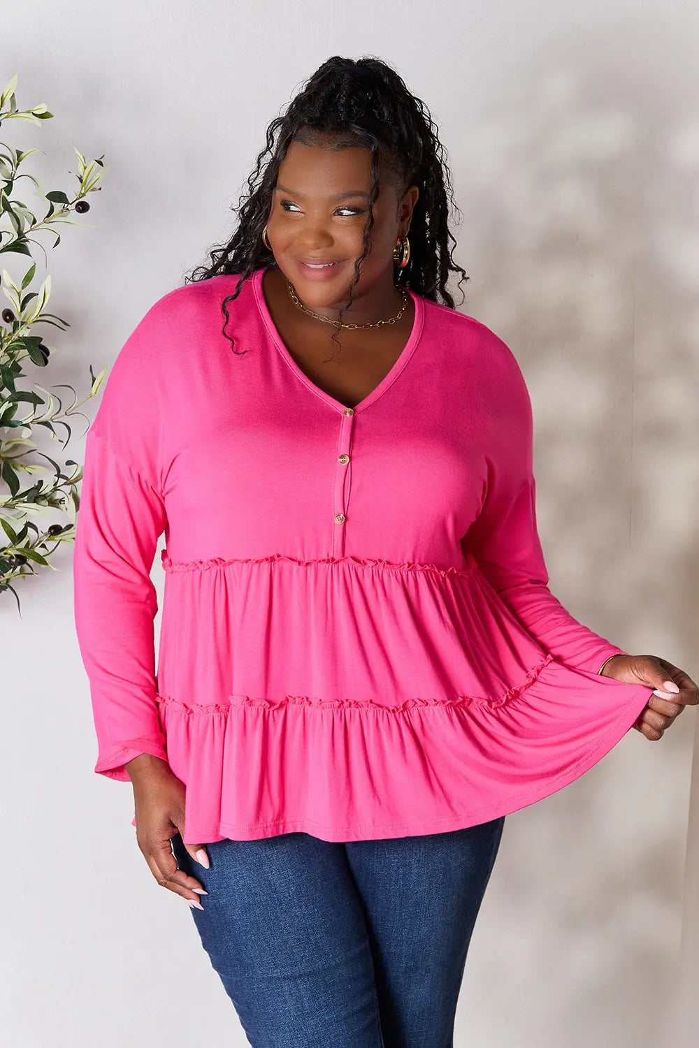 Double Take Half Button Long Sleeve Ruffle Hem Blouse Hot Pink 7a2d9f4d07a649b39dd9696a4b556f47-Max