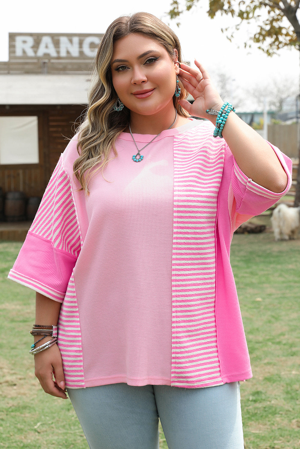 Pink Stripe Waffle Patchwork Plus Size T-Shirt 7a34623988a09532