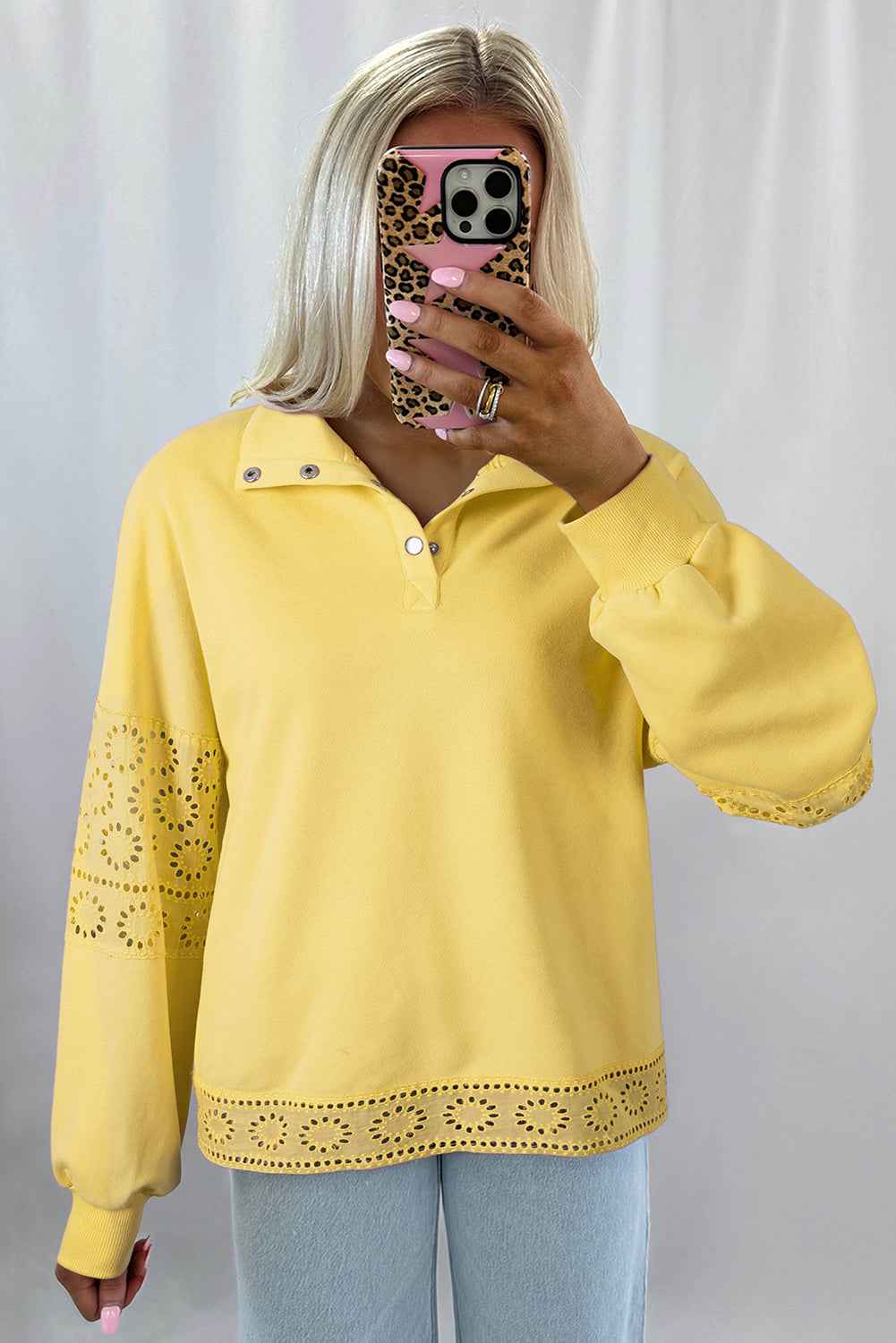 Yellow Cream Embroidered Flower Patchwork Snap Buttons Pullover Sweatshirt 7a3719f977ea4a68