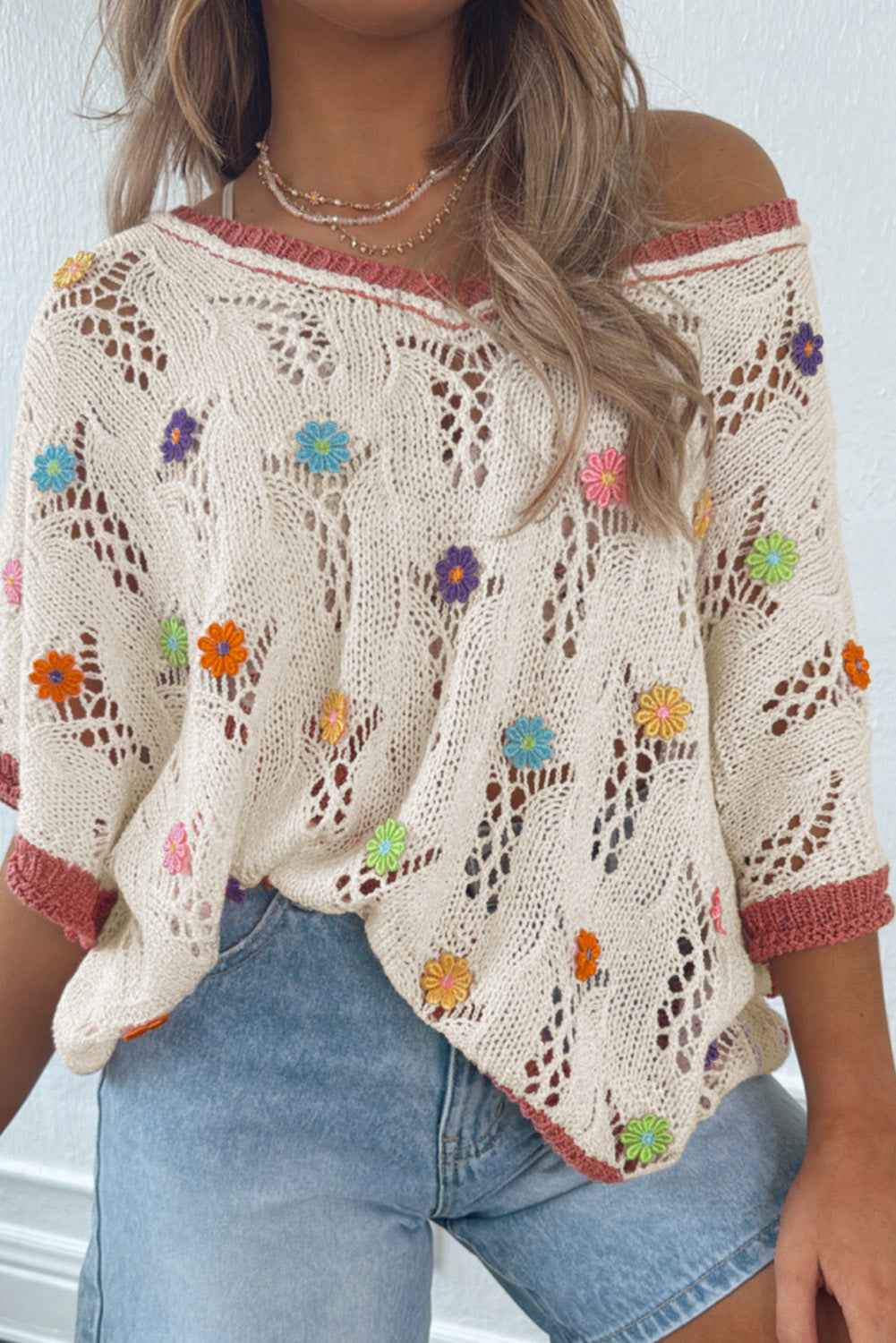 Delicacy Flowers Colorblock Edge Hollow Crochet Knit Top Delicacy 7a43bde604d632c0