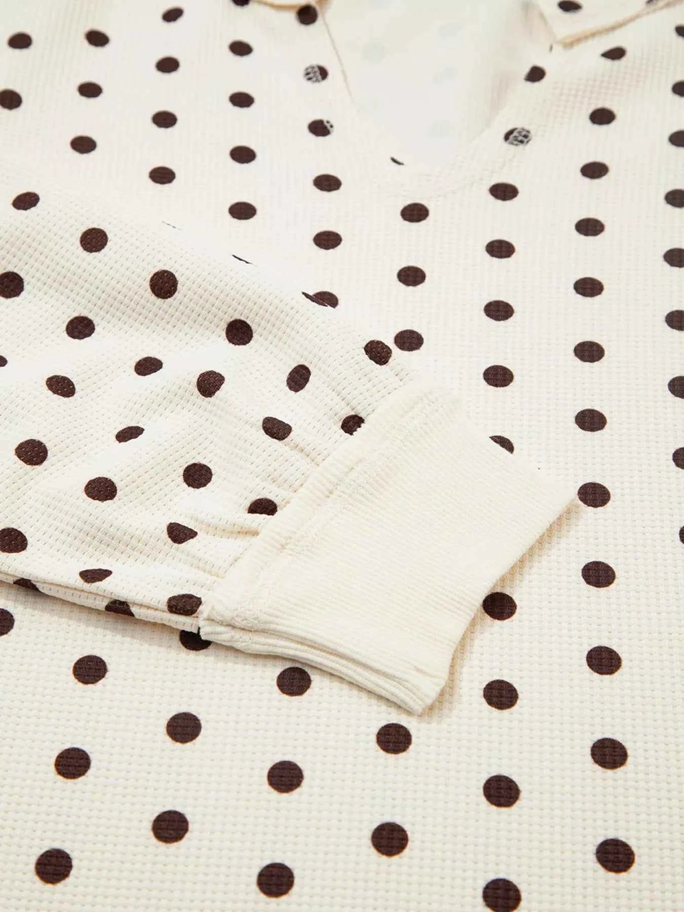 Polka Dot Notched Long Sleeve Top and Drawstring Joggers Lounge Set 7a50f945153344c8a5b01e9e7a547adf-Max-Origin