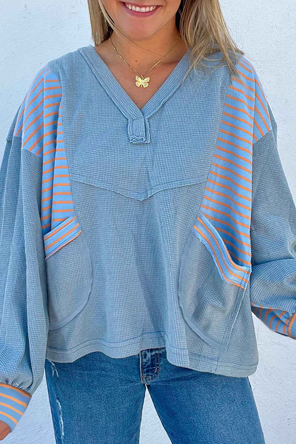Dusk Blue Exposed Seam Waffle Striped Patchwork Baggy Pullover Dusk Blue 75%Polyester+25%Cotton 7a5a2bce866f02a2