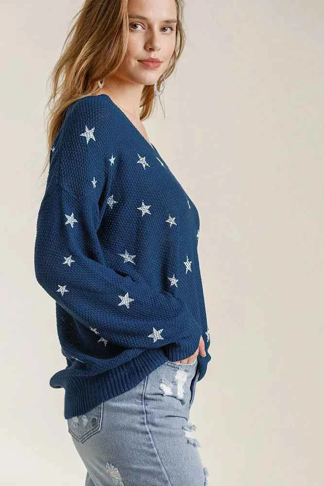 Umgee Full Size Star V-Neck Long Sleeve Sweater Plus Size 7a694476-c4aa-4922-86b6-75f1e9c8c44c-Max