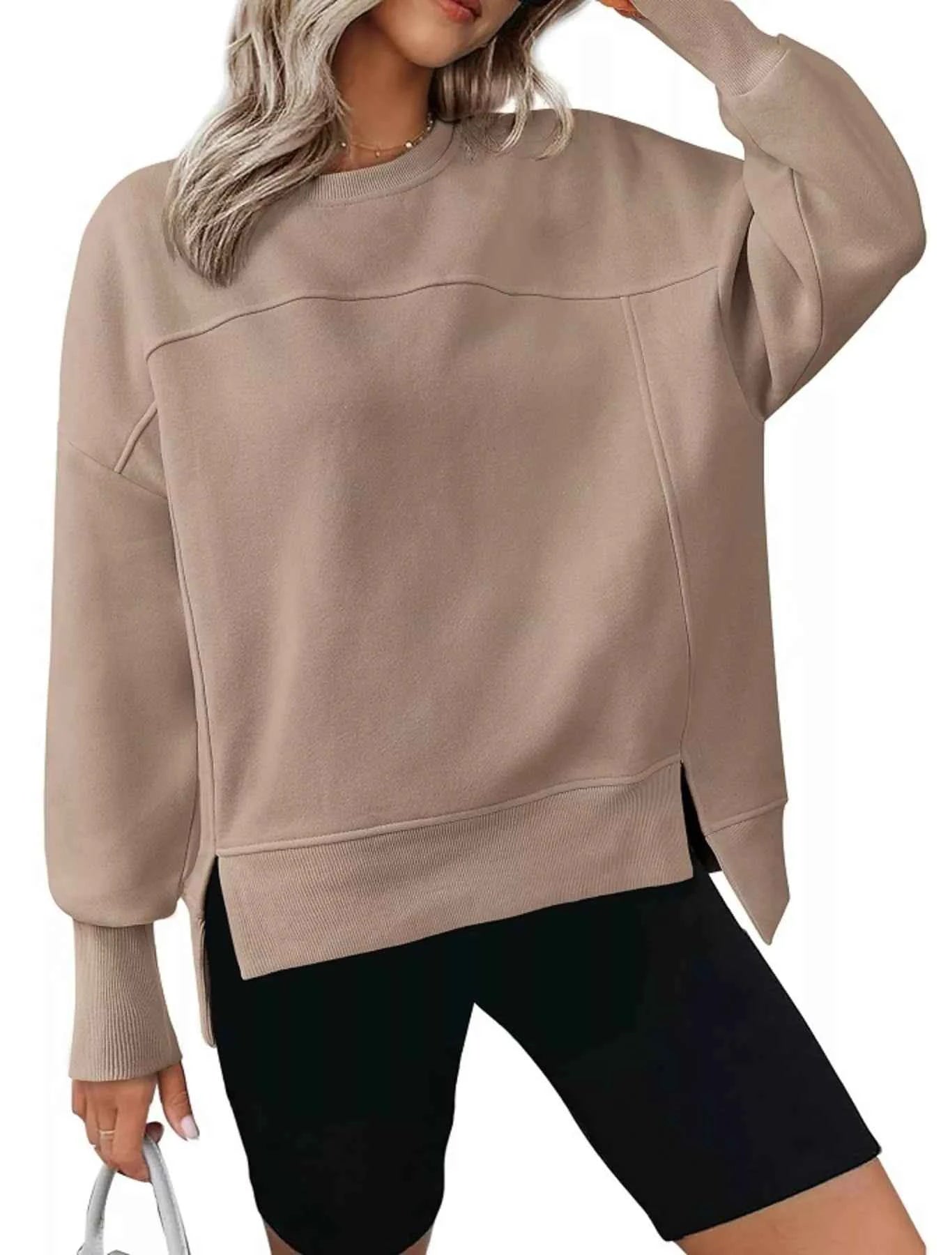Slit Round Neck Dropped Shoulder Sweatshirt Khaki 7a8f5b57f49d494590ce06a4ca41c14b-Max-Origin