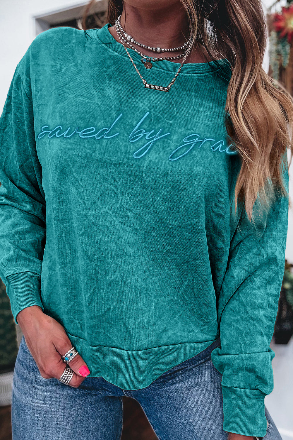 Sea Green saved by grace Letter Embroidery Mineral Wash Loose Sweatshirt 7ab69b285ed99d18