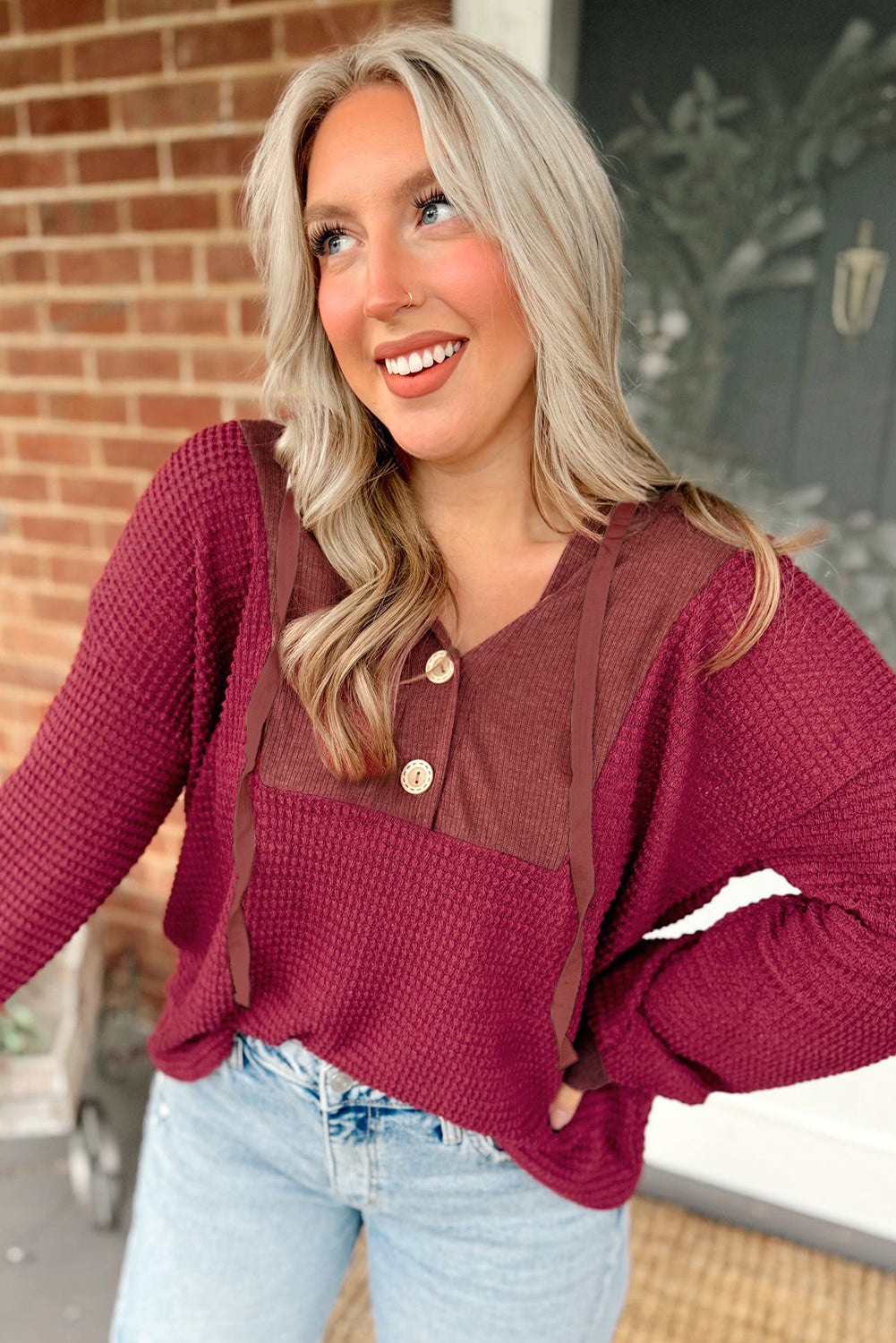 Racing Red Waffle Patchwork Drop Shoulder Hooded Long Sleeve Top 7ac27abf31d981ee