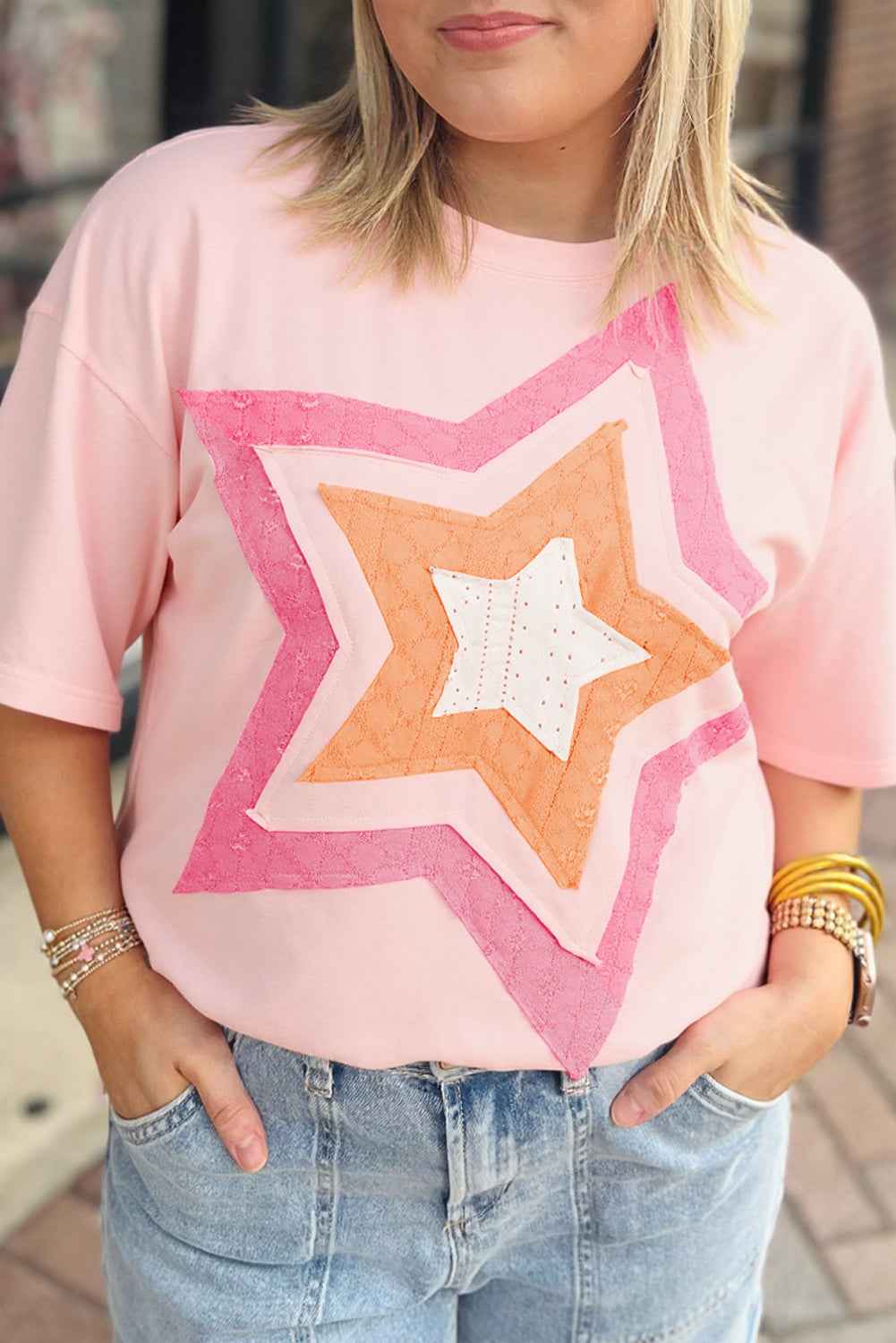 Light Pink Eyelet Colorblock Star Applique Plus Size T Shirt Light Pink 7accd849af5ea270