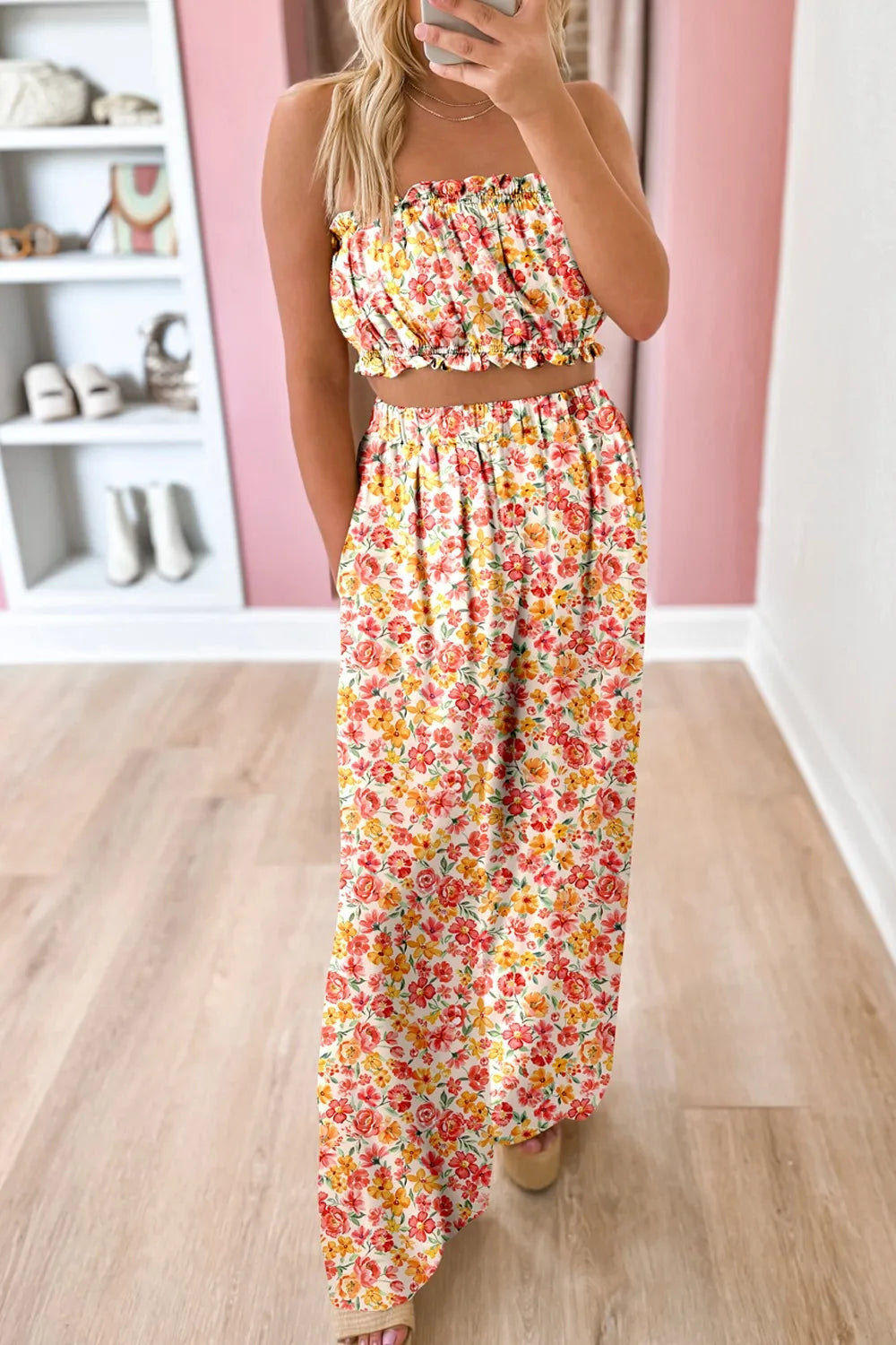 Boho Floral Bandeau Top and High Waist Wide Leg Pants Set Floral 7b253e97-9488-475e-a34b-33aa17812b74-Max-Origin