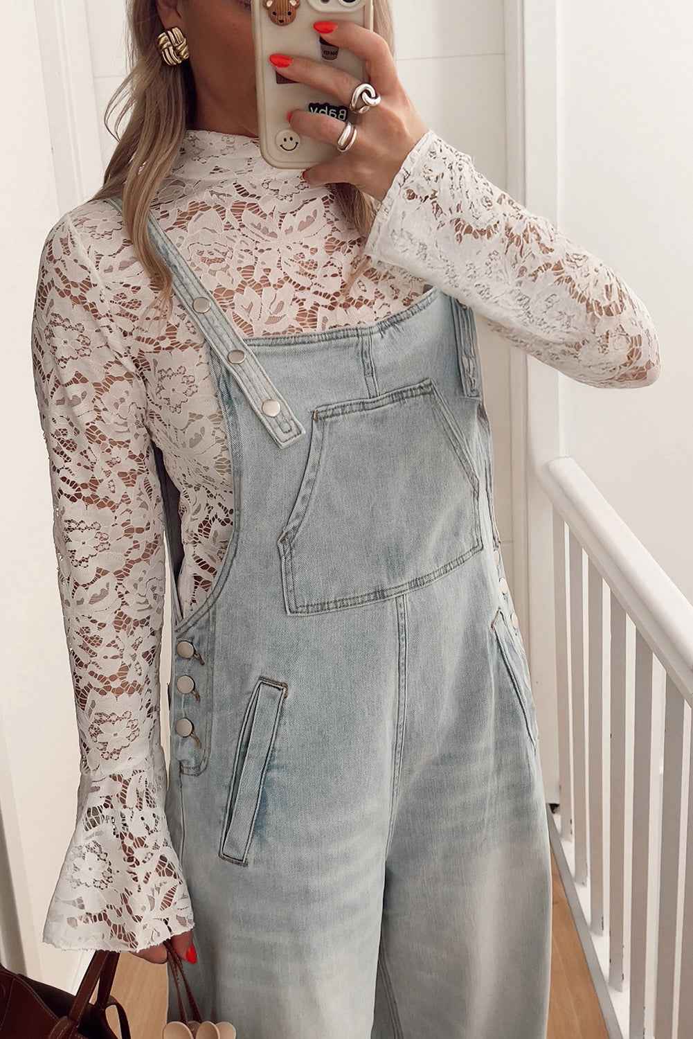 White Lace Crochet Bell Sleeve Mock Neck Blouse White 90%Polyamide+10%Elastane 7b28ff17ffdbe350