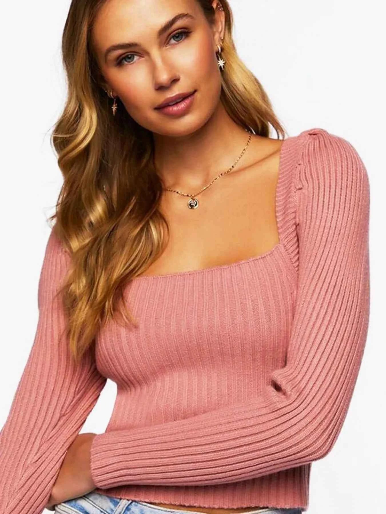 Ribbed Square Neck Long Sleeve Sweater Pink 7b2d2c9e755f494faf894e651fa53b33-Max-Origin