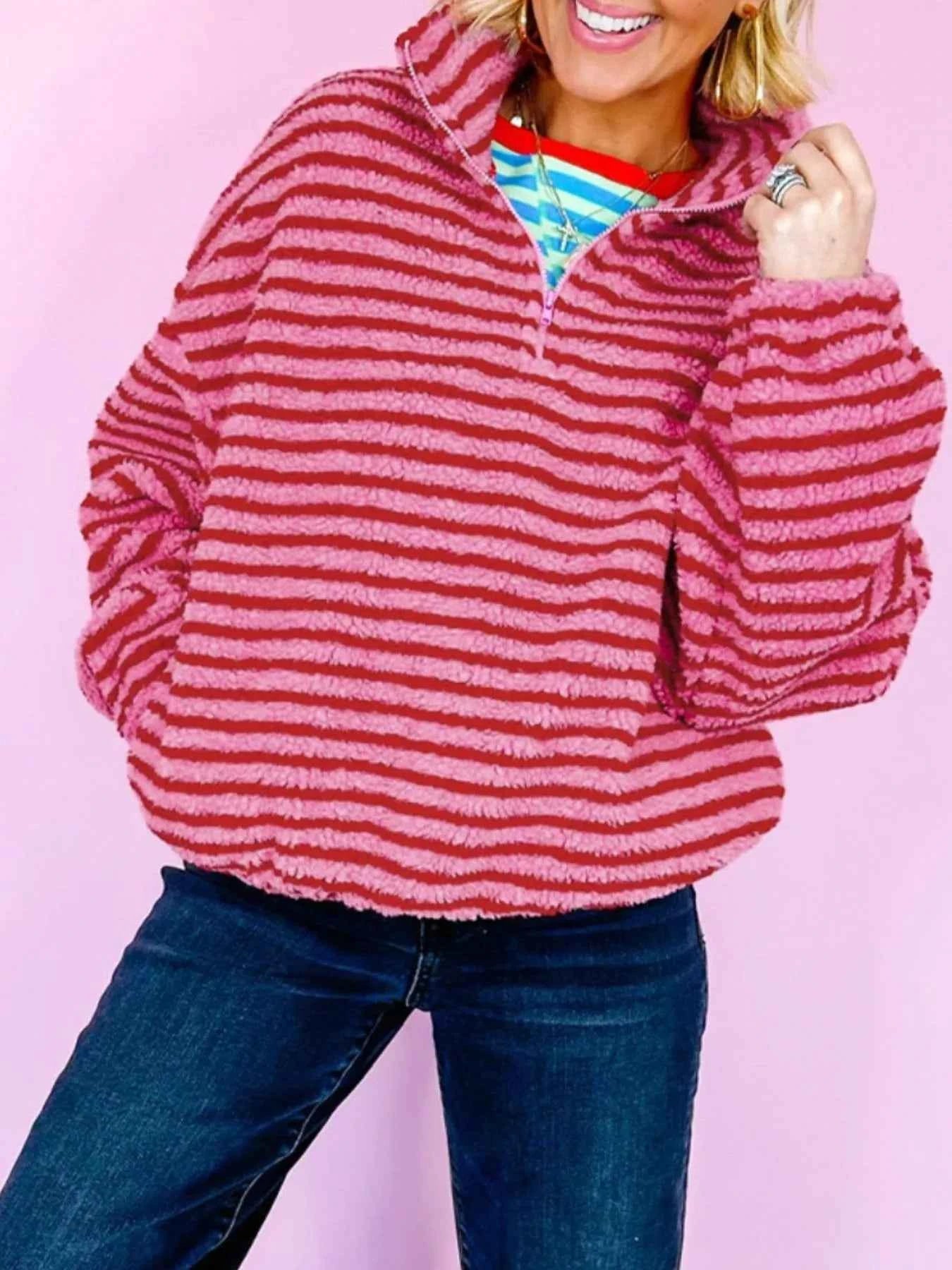 Striped Quarter-Zip Fleece Sweatshirt Strawberry 7b38ded6-c6e3-4ed8-8ada-d5b90758fc4b-Max-Origin