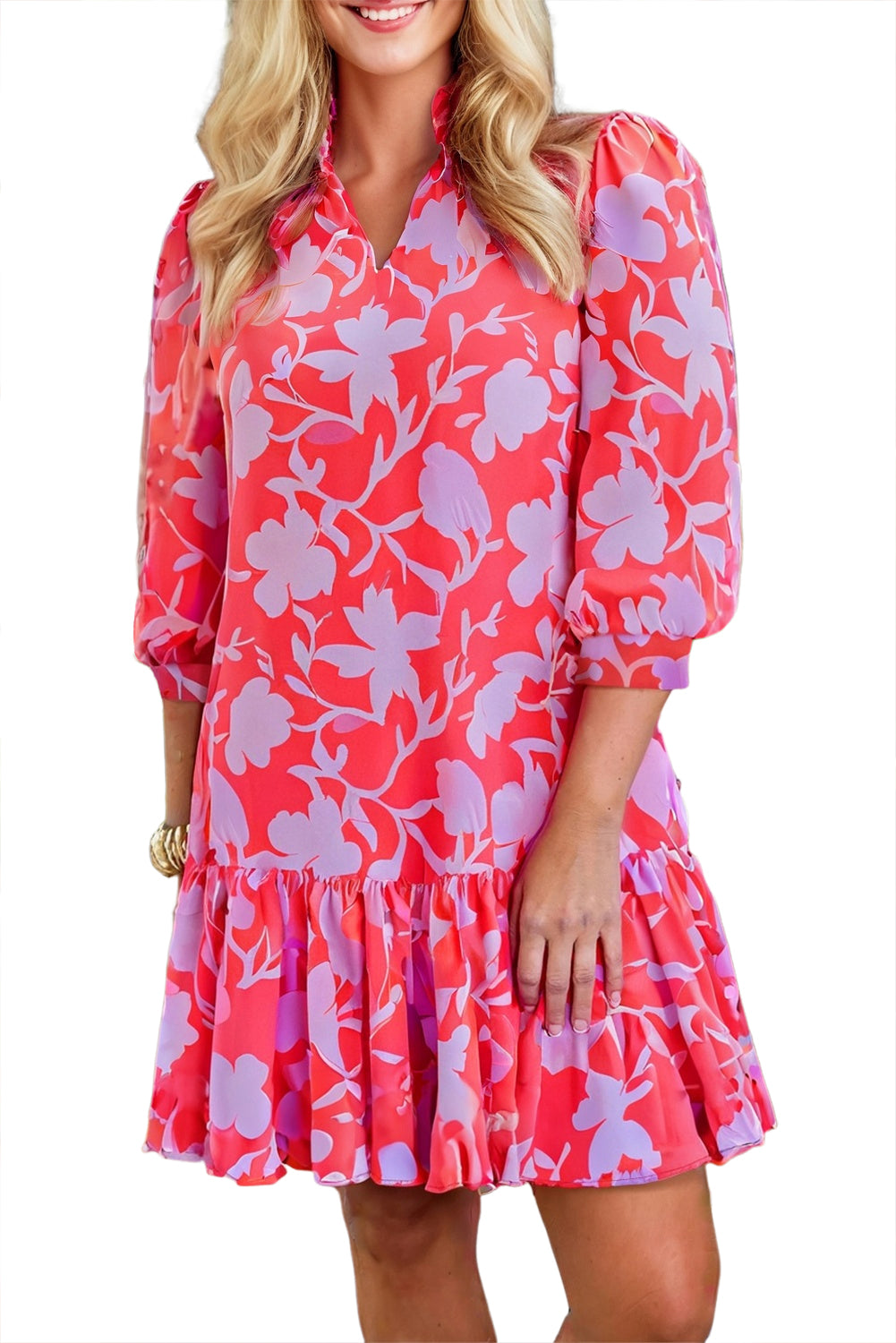 Red Floral 3/4 Sleeve Ruffle Hem Mini Dress 7b640ffee02aedd9