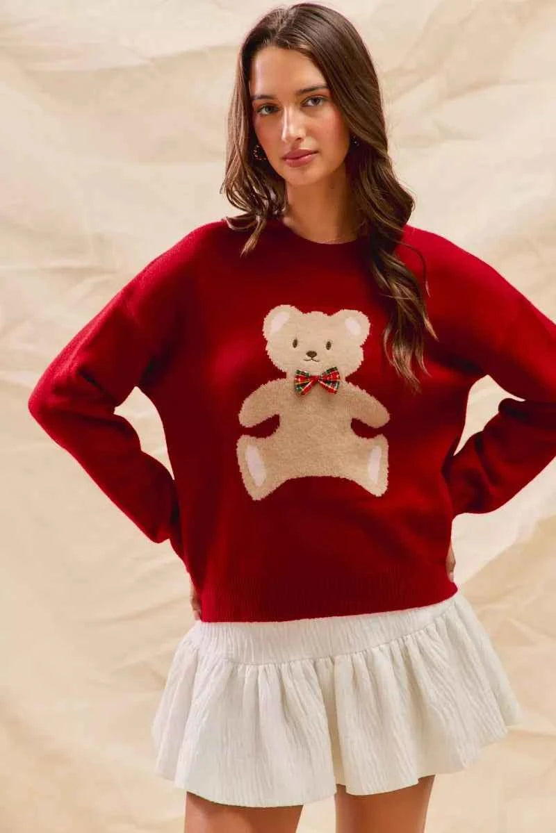 SO ME Teddy Bear With Check Ribbon Christmas Sweater 7b660cbd3d3844bbb8aa3b3096041d19-Max-Origin