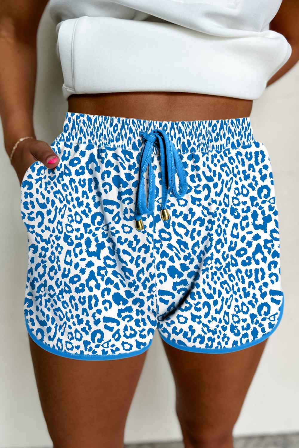 Blue Leopard Elastic Waist Lace up Contrast Trim Casual Shorts 7b67661ad832e099