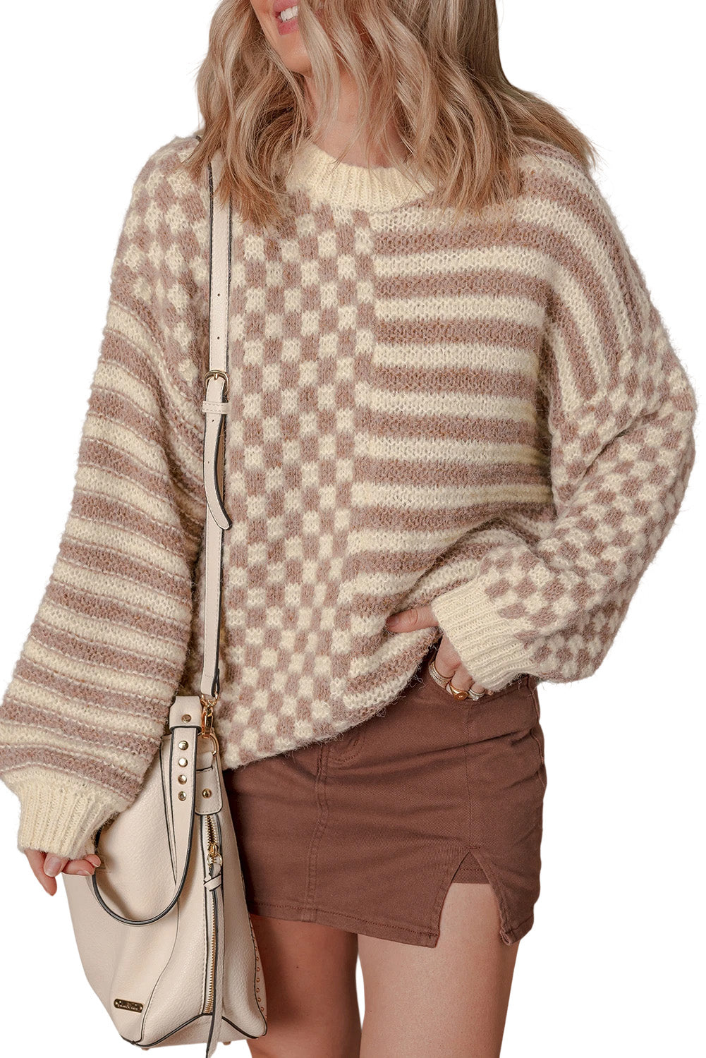Khaki Stripe Checkerboard Drop Shoulder Balloon Sleeve Sweater Khaki Stripe 65%Acrylic+35%Polyamide 7ba073c66d4e56c9